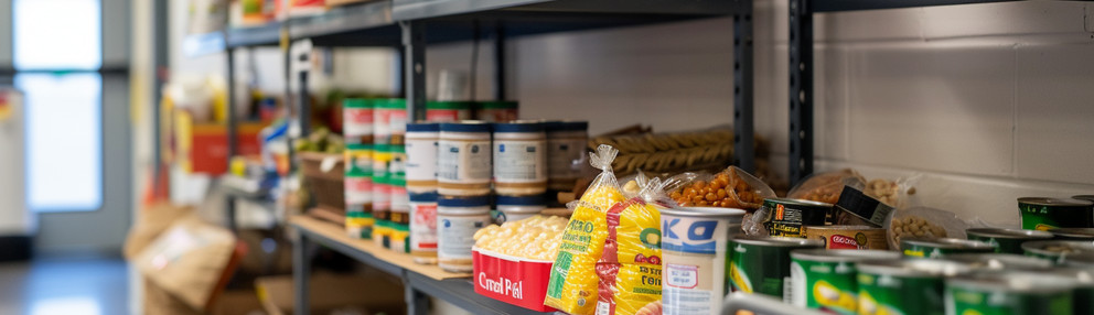 A collaborative effort to set up a community pantry, where residents contribute food items for those in need, ensuring no one goes hungry, community care, care jobs, community support, with copy space