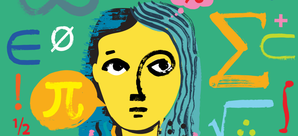 Frau vor mintfarbenem Hintergrund mit mathematischen Symbolen