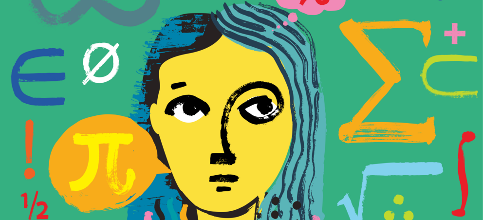 Frau vor mintfarbenem Hintergrund mit mathematischen Symbolen