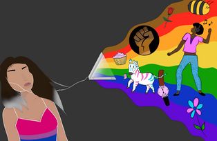 Person of Colour hört Musik, Musik dargestellt als Regenbogen mit verschiedenen Symbolen darin, wie einer tanzenden Person, einer in die Höhe gestreckten Faust und einer Blume.