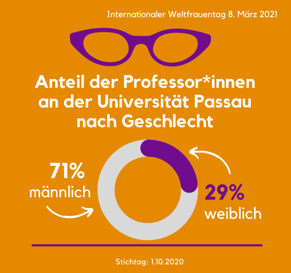 Anteil der Professor:innen nach Geschlecht an der Universität Passau. 71 Prozent der Professor:innen sind männlich, 29 Prozent weiblich.
