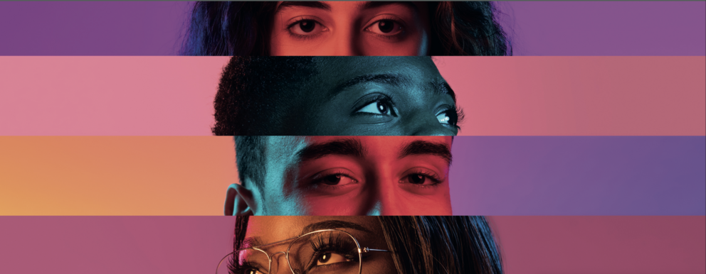 Eye parts of various people against an orange, purple and pink background