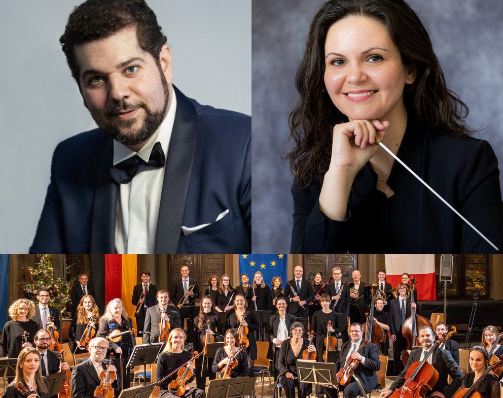 Bild des Orchesters; Fil Liotis (Foto: George Arutinov Photography), Eleni Papakyriakou (Foto: Constanze Wolf), Sinfonietta Passau (Foto: Stelzer Photographie)