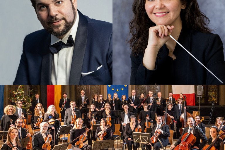 Bild des Orchesters; Fil Liotis (Foto: George Arutinov Photography), Eleni Papakyriakou (Foto: Constanze Wolf), Sinfonietta Passau (Foto: Stelzer Photographie)