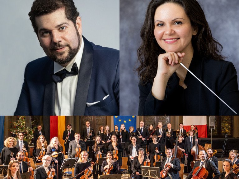 Bild des Orchesters; Fil Liotis (Foto: George Arutinov Photography), Eleni Papakyriakou (Foto: Constanze Wolf), Sinfonietta Passau (Foto: Stelzer Photographie)