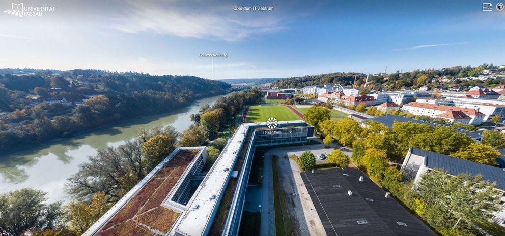 Campus tour screenshot: hovering above the ITZ Building, looking West