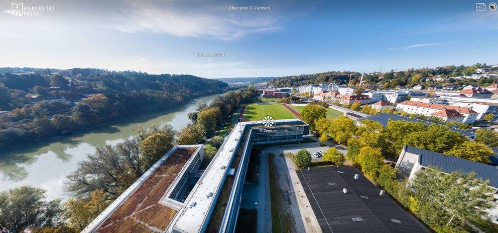 Campus tour screenshot: hovering above the ITZ Building, looking West 