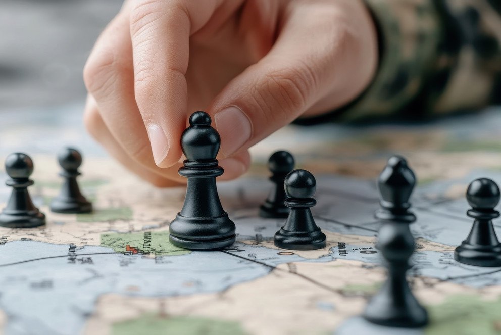 Hand moving black chess piece on map, military strategy, geopolitical planning, close-up view. Symposion 2025