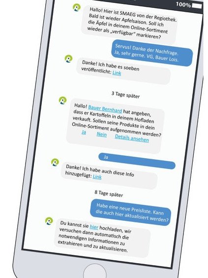 Beispiel-Chat zwischen dem SMAEG Bot und Plattform-NutzerInnen: Der Chatbot fragt das verf&uuml;gbare Sortiment des Betriebs proaktiv nach