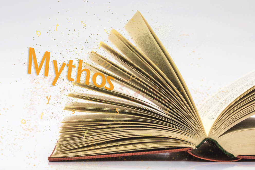 Offenes Buch mit dem Schriftzug "Mythos"
