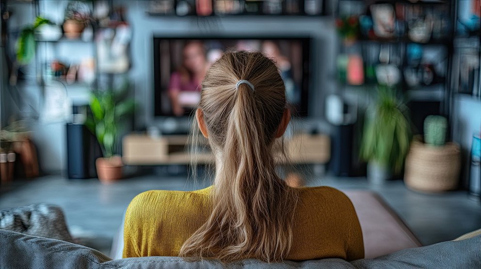 A woman sits and watches TV. The back of her head and shoulders are seen. This image can be used for various purposes, such as depicting leisure activities, television watching, and home life. Symbolfoto, Foto: Adobe Stock.