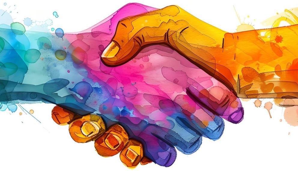 Illustration of a handshake in vibrant watercolor style, representing partnership, agreement, and collaboration. zwei bunte Hände beim Handschlag
