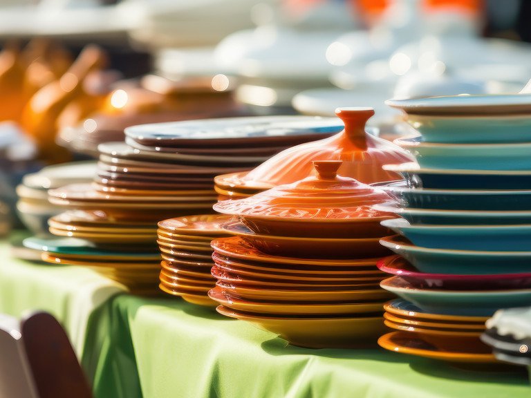 Second hand old household objects for sale at flea market, garage sale, thrift store, charity shop. Zero waste, sustainable lifestyle.