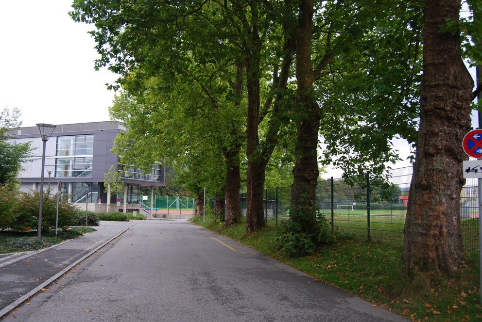 "Rektor-Karl-Heinz-Pollok-Straße" mit IT-Zentrum/International House und den Außenanlagen des Sportzentrums (2008); Quelle: Universitätsarchiv Passau, Fotosammlung