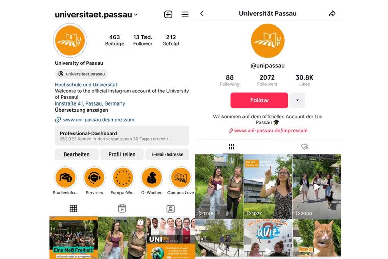 Screenshots des Instagram- und TikTok-Kanals der Universität 