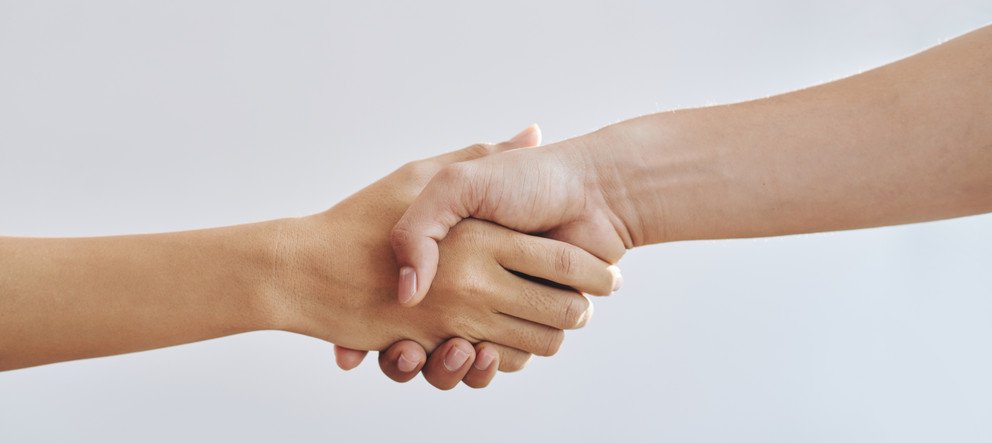Two shaking hands in front of a white background Two shaking hands in front of a white background