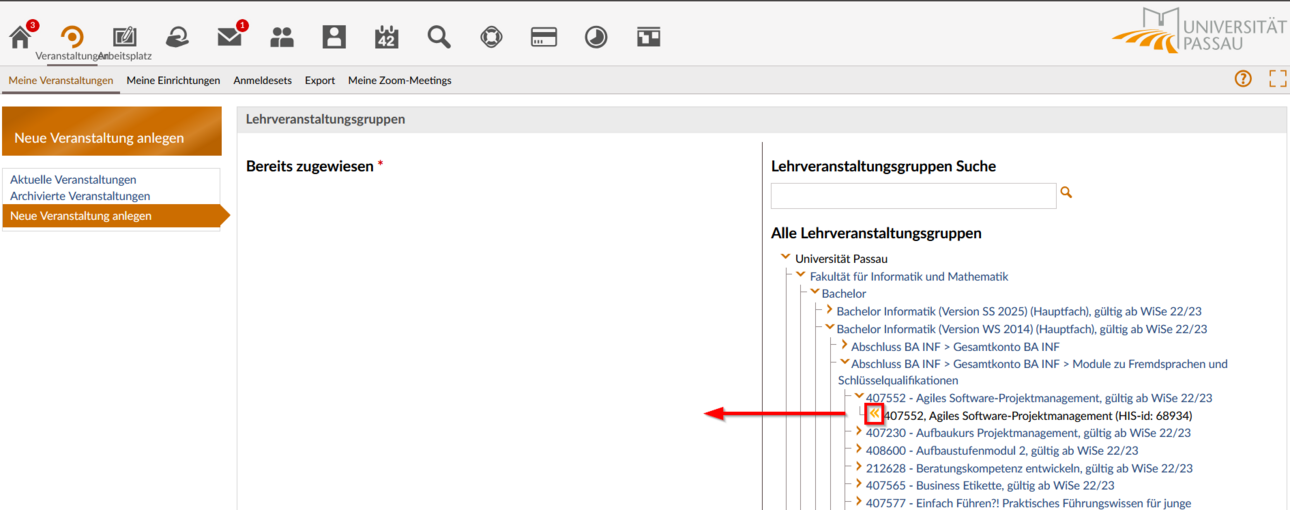 Screenshot Stud.IP Lehrveranstaltungsgruppen-Zuweisung