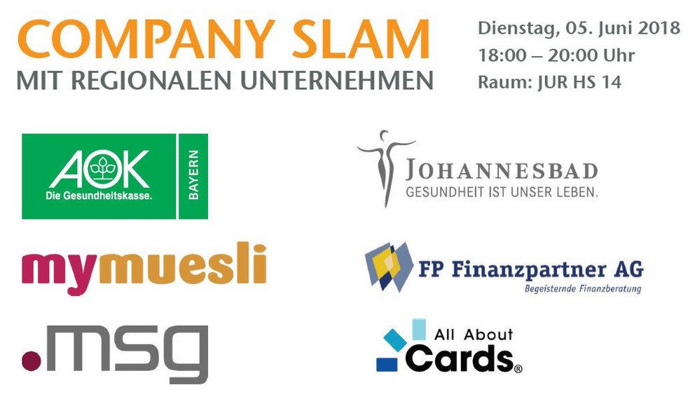 Die Logos der Unternehmen. Der Company Slam findet am 5. Juni von 18 bis 20 Uhr im H&ouml;rsaal 14 statt.