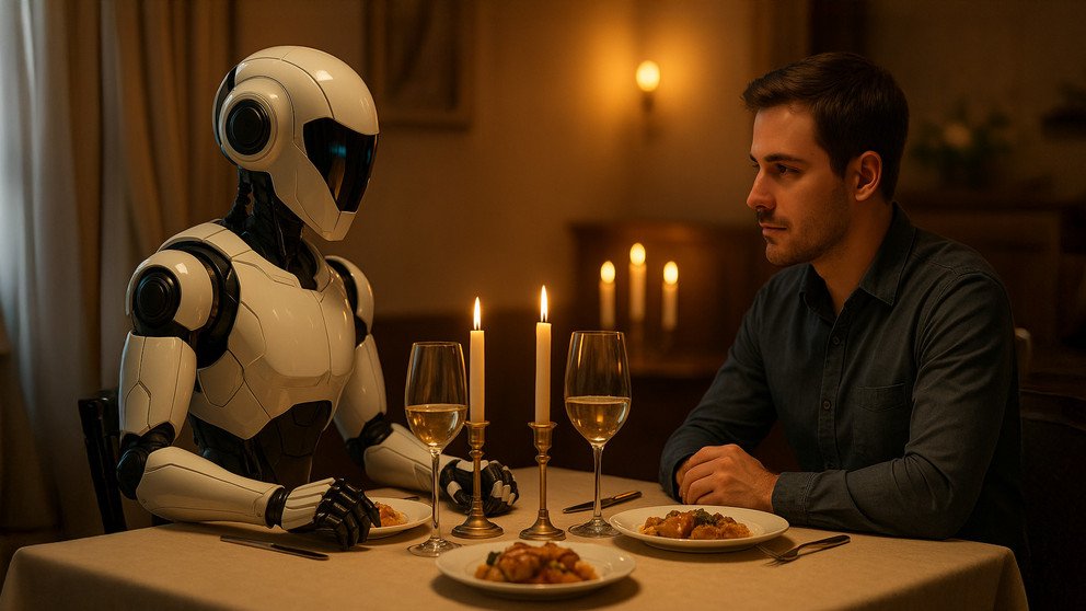 Mensch und Roboter beim Candle-Light-Dinner. KI-generiertes Bild mit Hilfe von DeepAI und ChatGPT