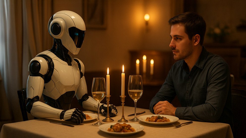 Mensch und Roboter beim Candle-Light-Dinner. KI-generiertes Bild mit Hilfe von DeepAI und ChatGPT