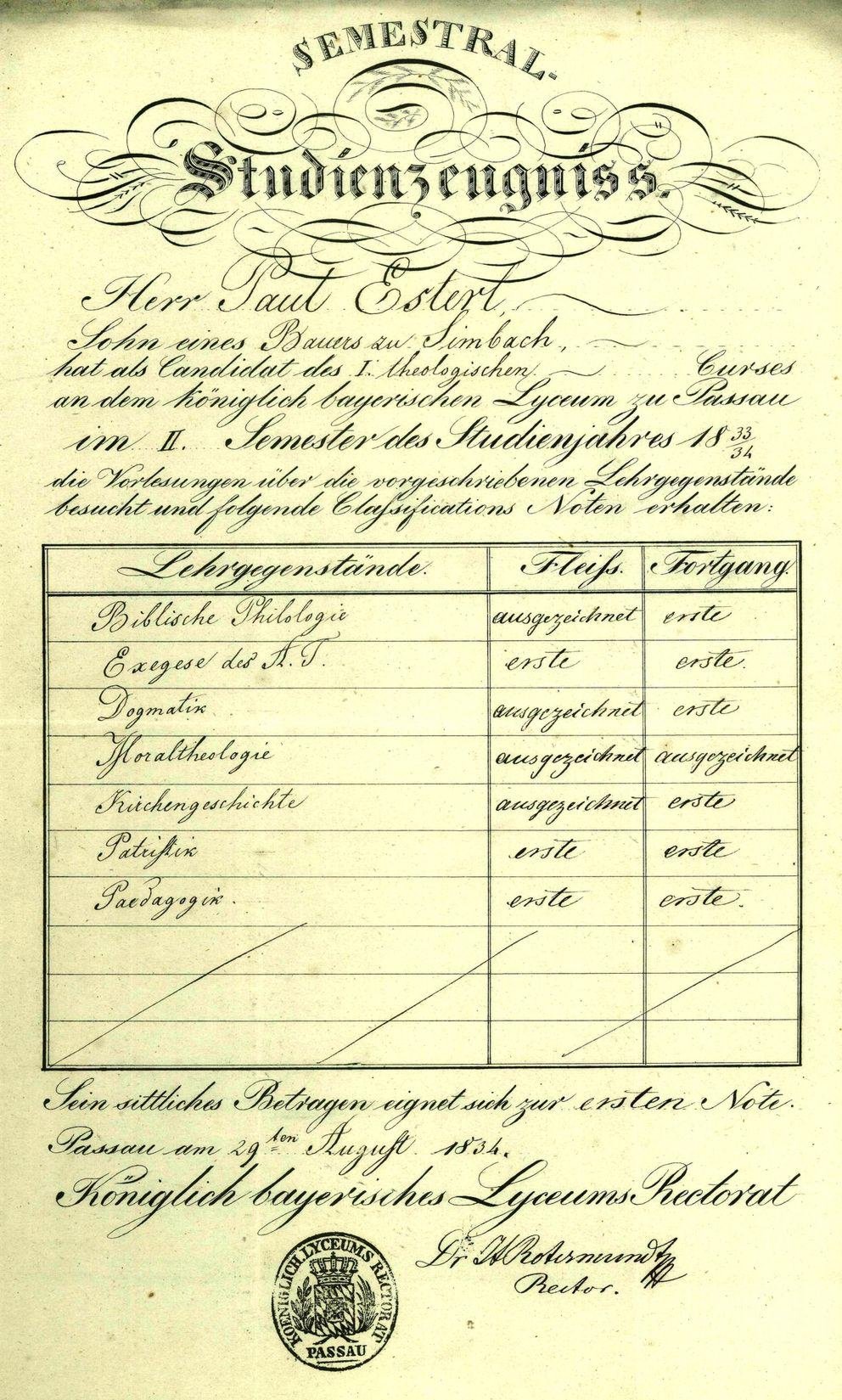 Semestral-Studienzeugnis 1834