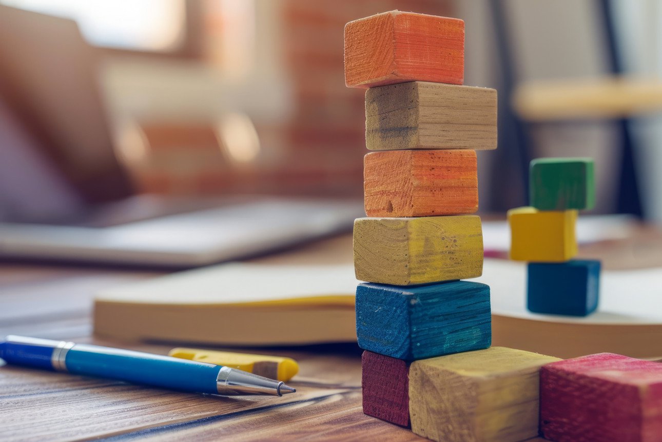 A stack of wooden blocks on a desk, notebook in the background