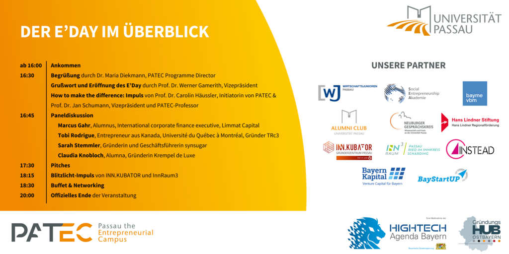 ab 16:00 Ankommen 16:30      Begrüßung durch Dr. Maria Diekmann, PATEC Programme Director Grußwort und Eröffnung des E’Day durch Prof. Dr. Werner Gamerith, Vizepräsident  How to make the difference: Impuls von Prof. Dr. Carolin Häussler, Initiatorin von PATEC          Prof. Dr. Jan Schumann, Vizepräsident und PATEC-Professor 16:45 Paneldiskussion Marcus Gahr, Alumnus, International corporate finance executive, Limmat Capital Tobi Rodrigue, Entrepreneur aus Kanada, Université du Québec à Montréal, Gründer TRc3 Sarah Stemmler, Gründerin und Geschäftsführerin synsugar Claudia Knobloch, Alumna, Gründerin Krempel de Luxe 17:30 Pitches 18:15 Blitzlicht-Impuls von INN.KUBATOR und InnRaum3 18:30 Buffet & Networking  20:00 Offizielles Ende der Veranstaltung