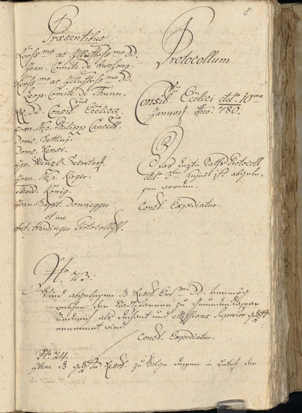 Handschriftliches Protokoll vom 10. Januar 1780 des (Oberennsischen) Geistlichen Rates des Bistums Passau, Foto:Archiv des Bistums Passau