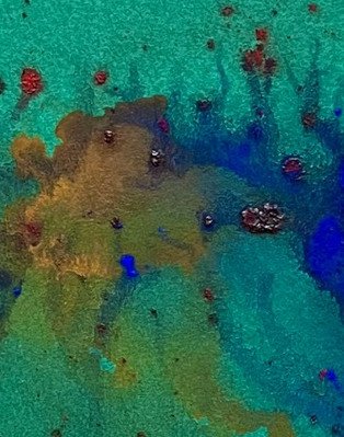 Bildauschnitt Surreale Landschaft 1 oder Fleck in den Farben t&uuml;rkis, blau, orange und gr&uuml;n von Barbara Verhoeven