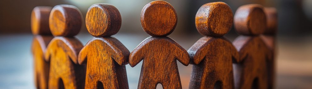 "Facilitating Positive Dialogue: A Leader Mediating Constructive Discussion Among Diverse Group of Individuals" Holzfiguren halten Hände