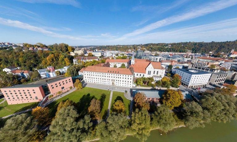 Aerial view of the university campus and city