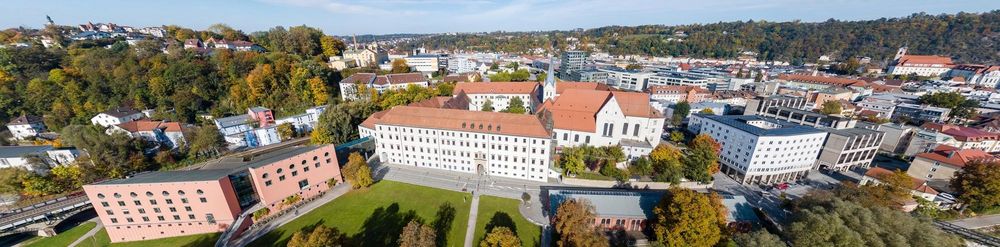 Aerial view of the university campus and city