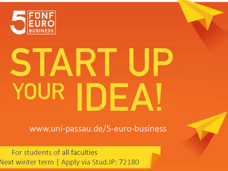 Bild mit Papierflieger mit orangfarbenem Hintergrund mit der Aufschrift "Start up your idea!" und Veranstaltungsdetails