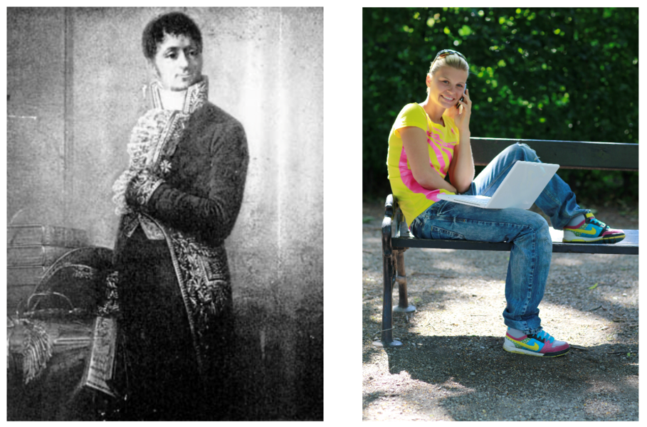 Links Jean Baptist Joseph Fourier in schwarz-weiß, rechts junge Frau mit Laptop und Mobiltelefon.