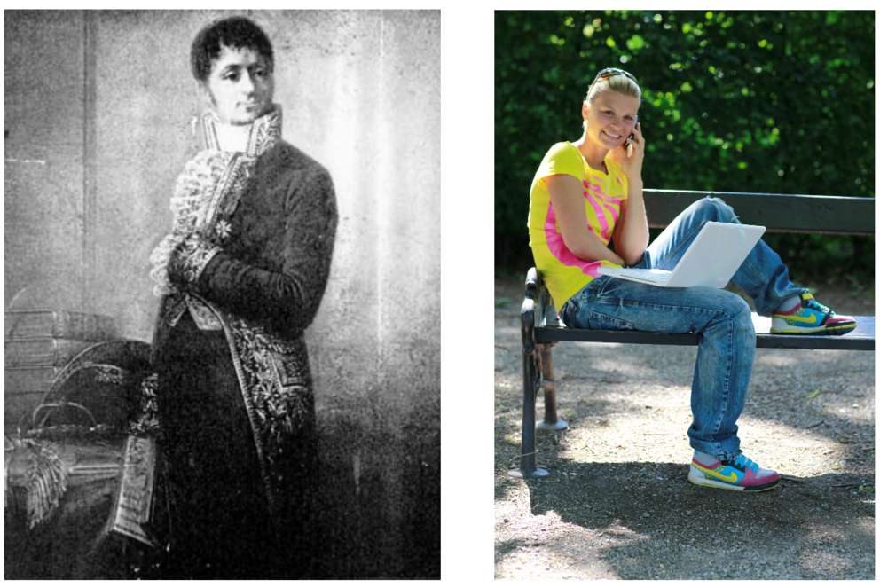 Links Jean Baptist Joseph Fourier in schwarz-weiß, rechts junge Frau mit Laptop und Mobiltelefon.