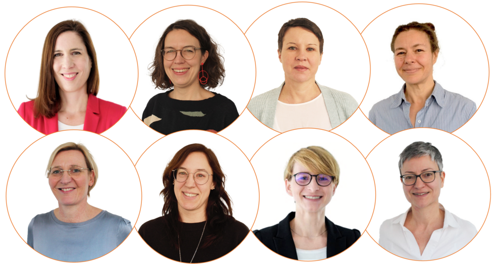 Das Team der Abteilung Forschungsförderung (v.l.n.r.):  Sabine Wiendl, Dr. Kerstin Theis, Julia Maly, Birgit Luger, Ulrike Haberl, Tina Ochmann, Nancy Scharpff,  Claudia Martin