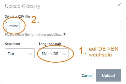Screenshot: "Upload glossary"-Bildschirm