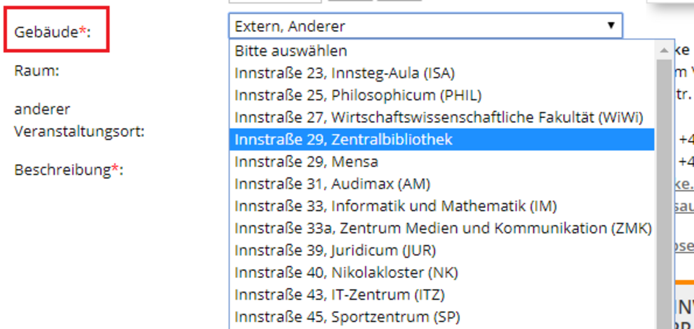 Kalendereintrag anlegen - Drop-down-Menü bei der Gebäudeauswahl Kalendereintrag anlegen - Drop-down-Menü bei der Gebäudeauswahl