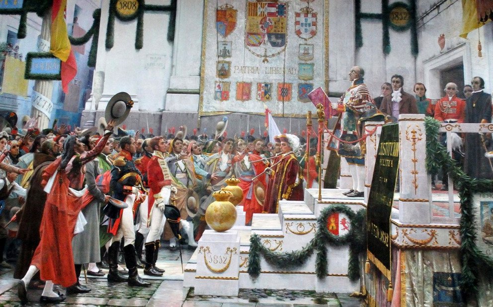 Las Cortes de C&aacute;diz, die Verfassunggebende Versammlung von 1810 bis 1813 in C&aacute;diz, war ein Schl&uuml;sselereignis in der spanischen Rechtsgeschichte. Gem&auml;lde von Salvador Viniegra, 1812.