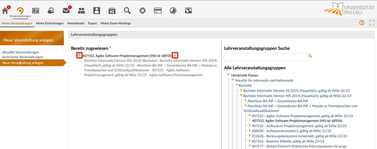 Screenshot Stud.IP Lehrveranstaltungsgruppen-Zuweisung M&uuml;lleimer-Icon und Informations-Icon