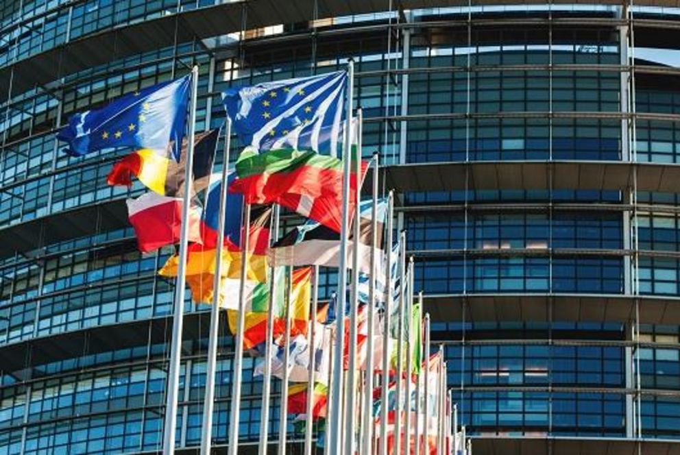 Flaggen vor dem EU Parlament in Straßburg