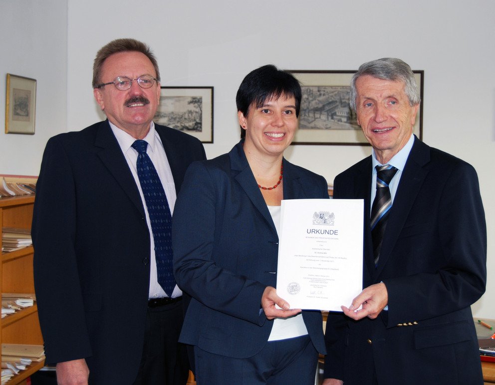 v. l. n. r.: Kanzler Ludwig Bloch, Dr. Andrea B&ouml;r und Pr&auml;sident Prof. Dr. Walter Schweitzer

