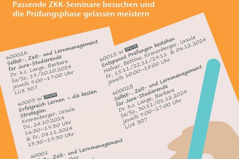 Plakat mit der Aufschrift "Keine Zeit für Prüfungsstress" und den dazu gehörigen ZKK-Seminaren