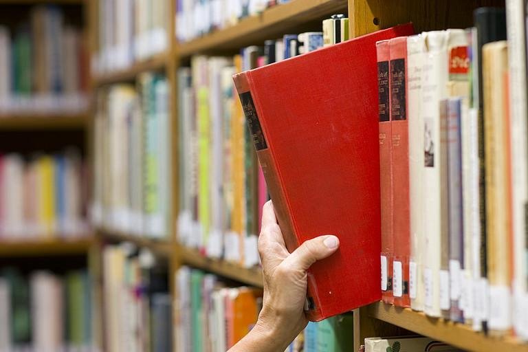 Auf dem Bild ist ein Bcherregal zu sehen. Es wird gerade ein rotes Buch in das Regal geschoben. 