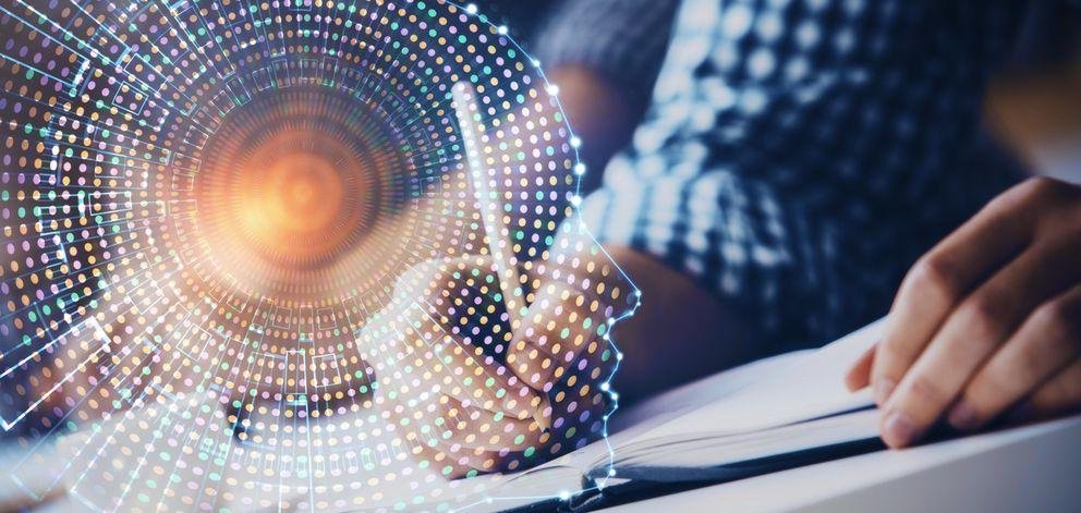 Man with multi exposure atificial intelligence brain icons. Person who writes