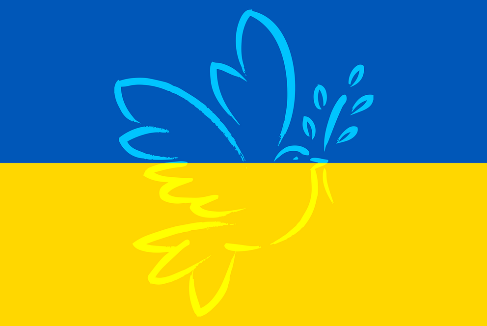 Umriss einer Friedenstaube auf der ukrainischen Flagge