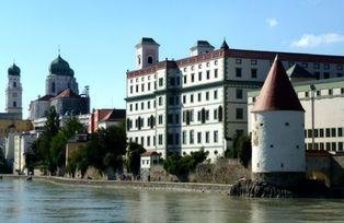 The medieval customs tower, adjacent to the Leopoldinum, which is a secondary school today