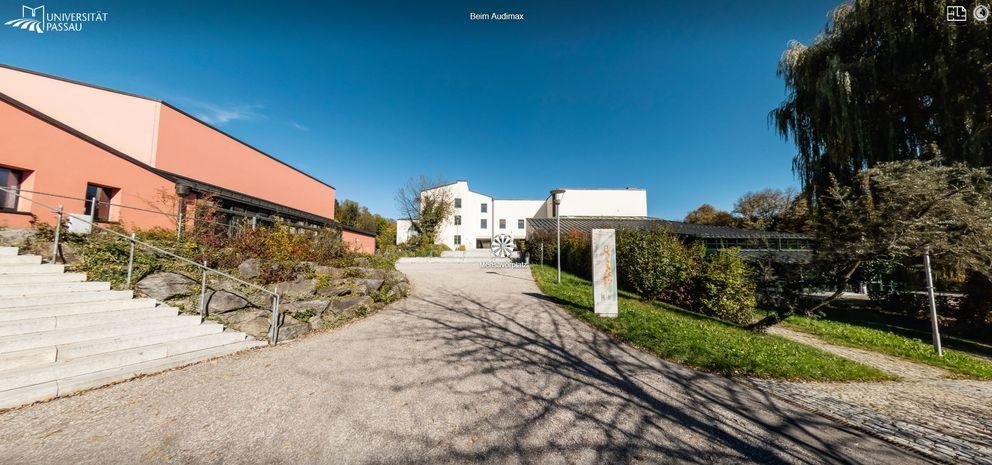 Campus tour screenshot: in front of the audimax building, looking East