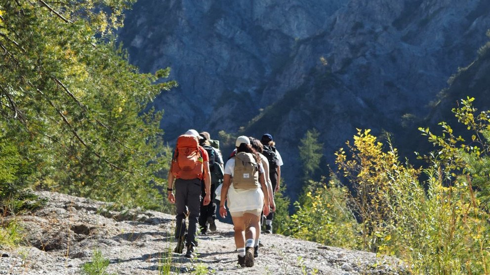 Students hiking through the trails and forests of National Park Ges&auml;use.