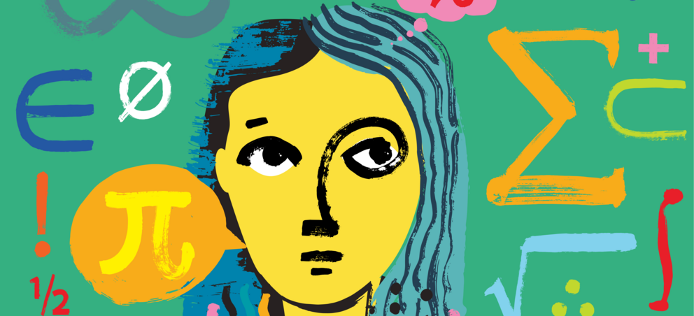 Lady in MINT Frau vor mintfarbenem Hintergrund mit mathematischen Symbolen